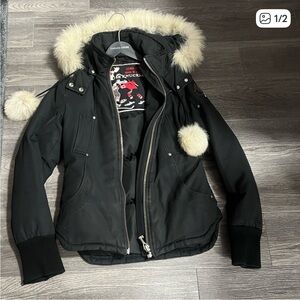 Moose Knuckles Women's Black Bomber Jacket with Fur Accents
